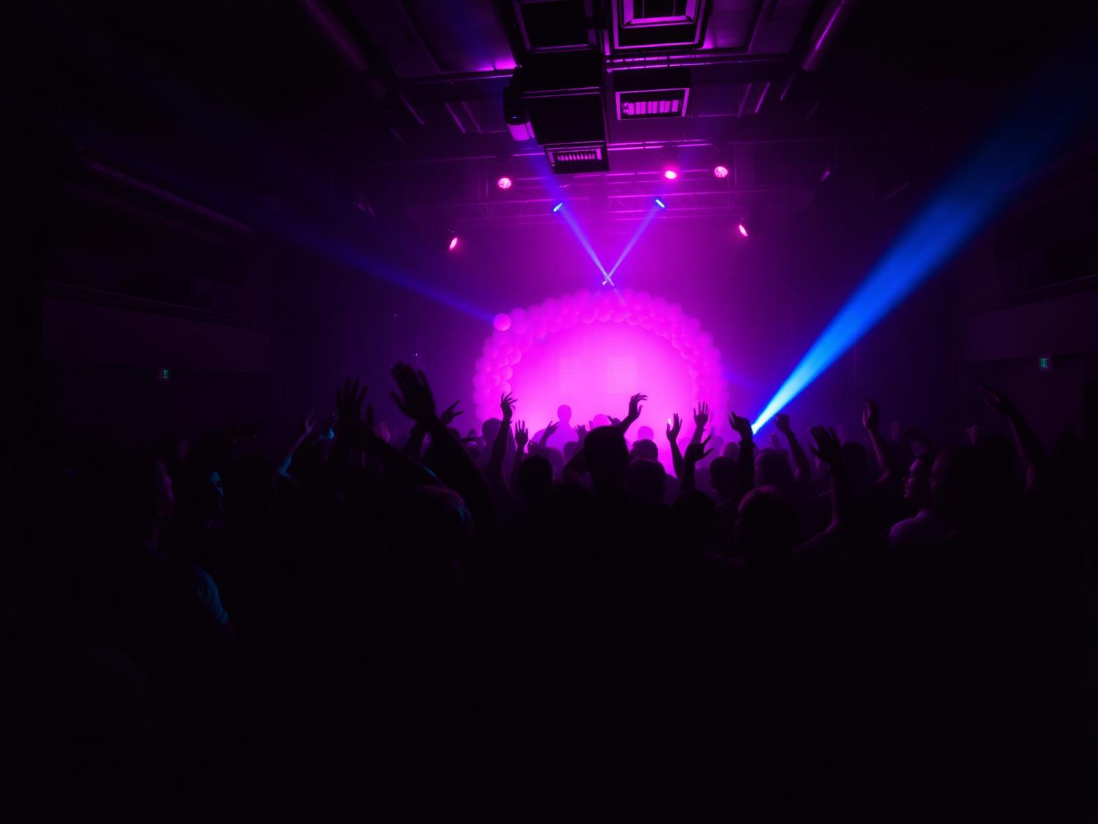 Packed dancefloor with balloon backdrop